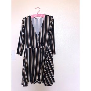 Black and Tan striped 3/4 sleeve wrap dress